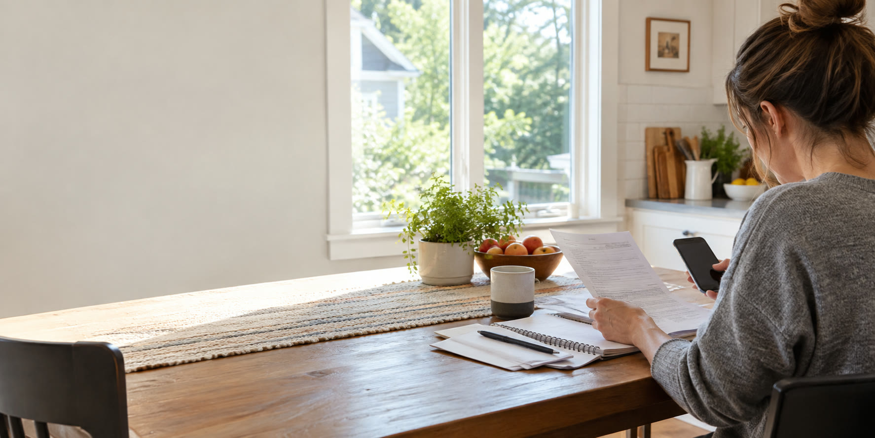 A homeowner preparing a utility statement and notes at a sunlit kitchen table