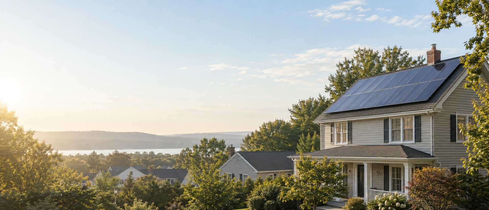 A Northeast home with rooftop solar overlooking a tree-lined neighborhood