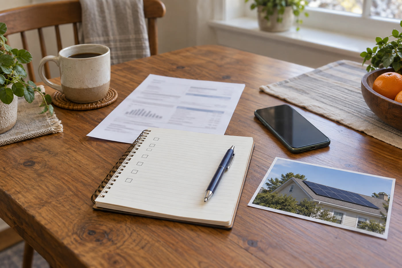 A utility statement, blank checklist, phone, and roof photo prepared on a kitchen table