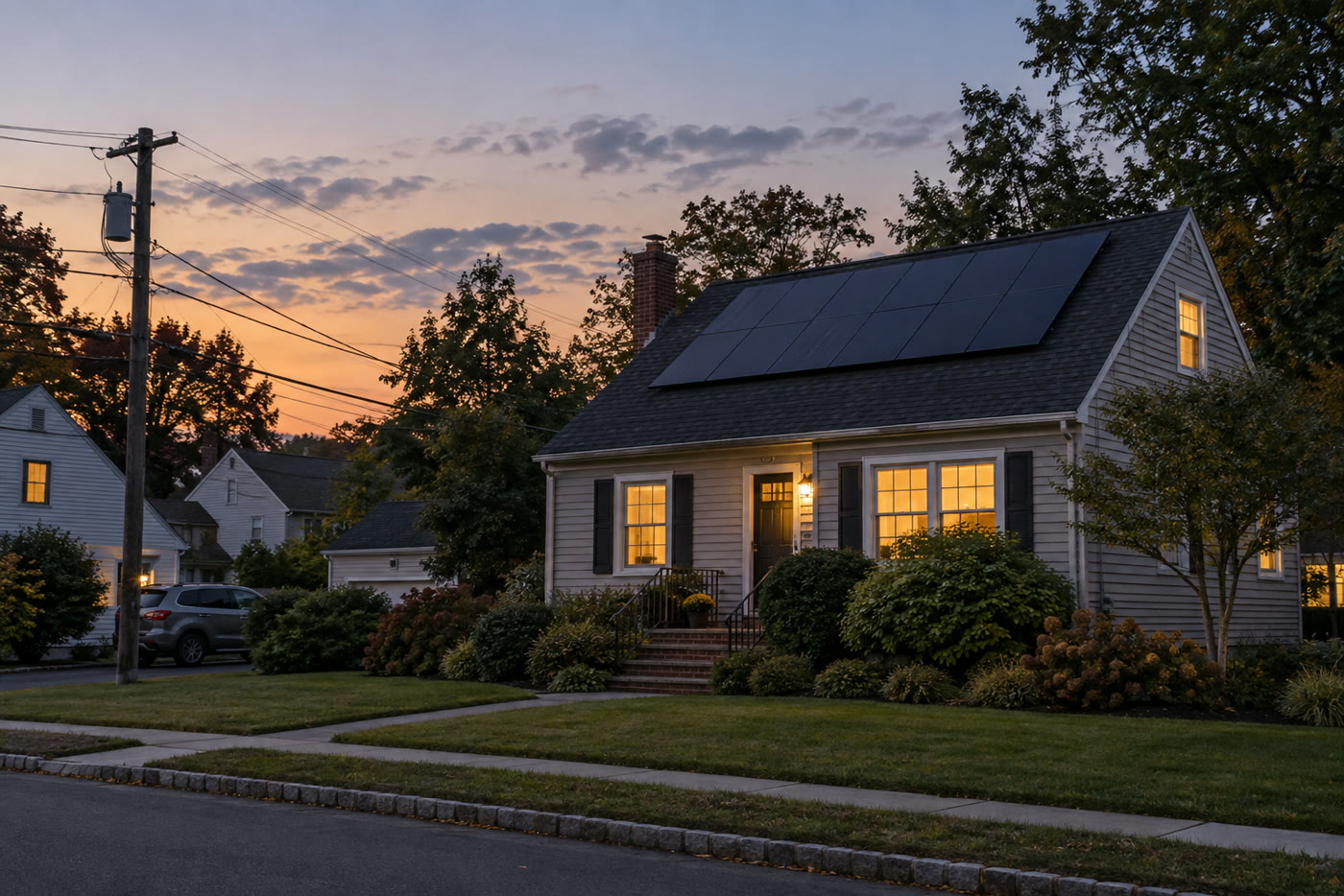 A Northeast home with rooftop solar connected to neighborhood utility lines at dusk