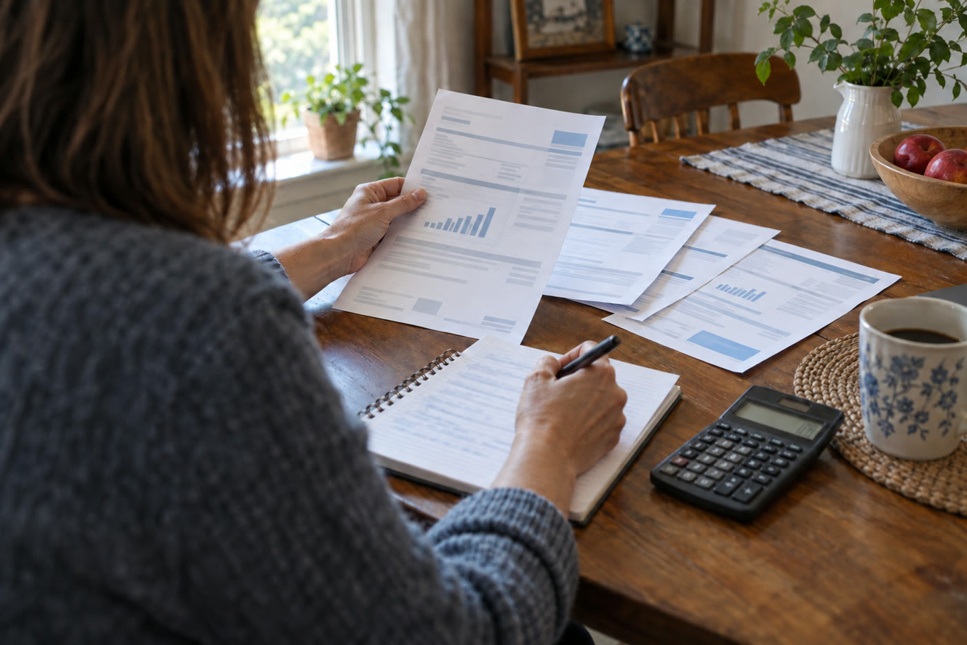 A homeowner comparing household utility statements at a dining table