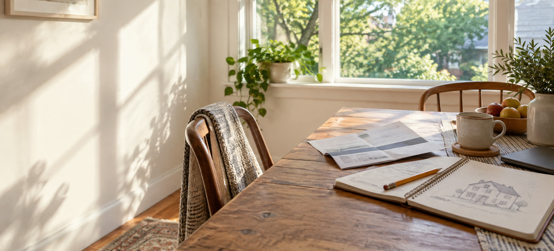 A sunlit home workspace with a notebook and energy-planning materials