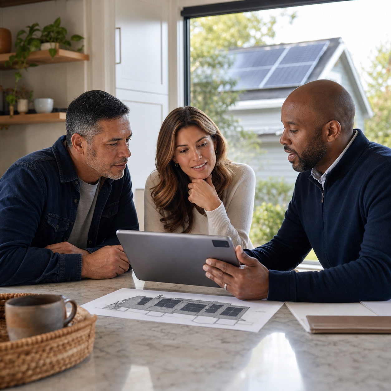 Homeowners reviewing a residential solar proposal with a Sunvantage advisor